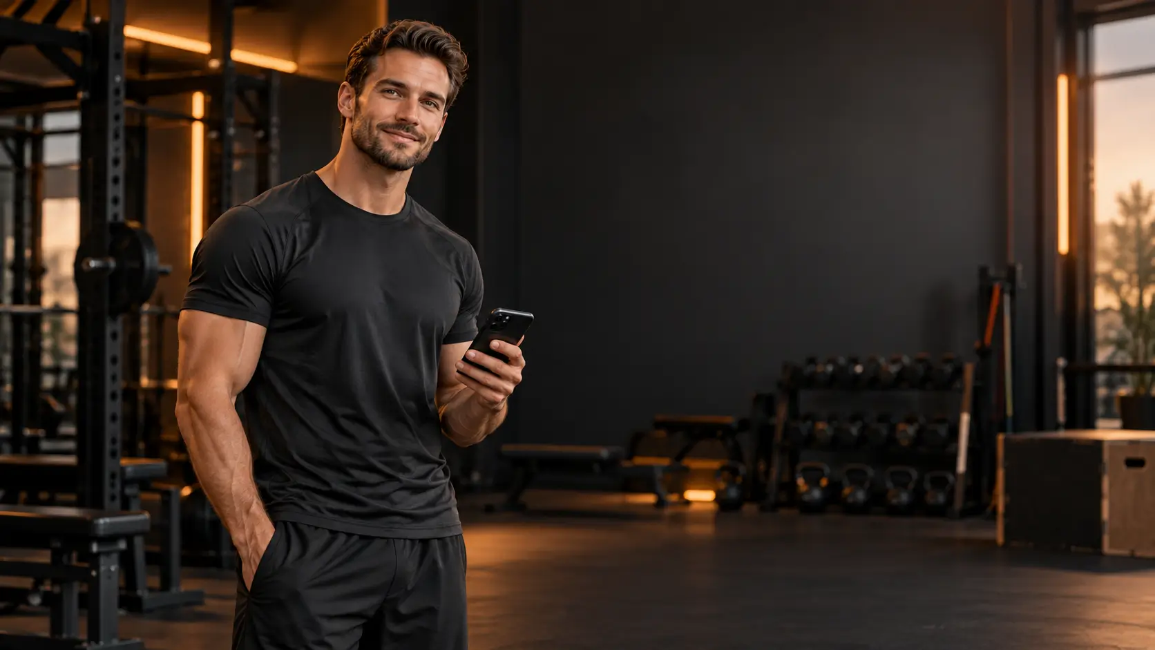 Entrenador consultando su móvil en el gimnasio